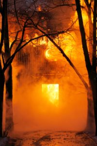 Picture of a home and trees burning in a fire
