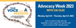 A thought bubble made of people with the words "Your Voice Our Mission" in them. And Advocacy Week 2023 with CAI-CLAC April 24 - April 27, 2023