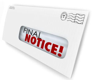 White envelope with a window that shows the words "Final Notice!" with NOTICE in red and all caps