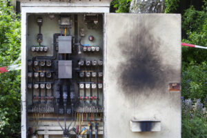 An electrical panel box open and showing signs of fire