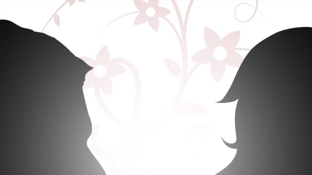 Silhouettes of two people (male and female) looking at each other with background of decorational flowers