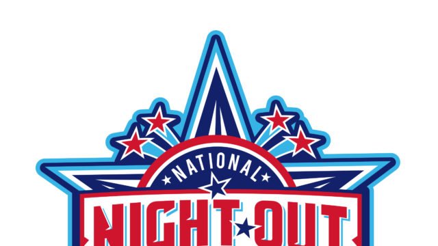 National Night Out 2019; Police * Community Partnerships with a red, white and blue star and shooting stars illustrated behind it