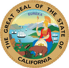 The Great Seal of the State of California; Eureka, with a bear, boats, a white woman with a scepter and crested hat in red and blue clothing