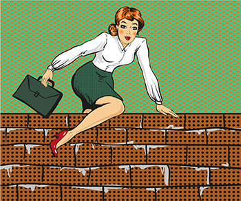 A graphic-novel style image of a white woman in business attire climbing over a brick wall with her briefcase