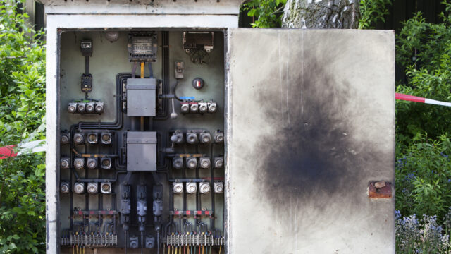 An electrical panel box open and showing signs of fire