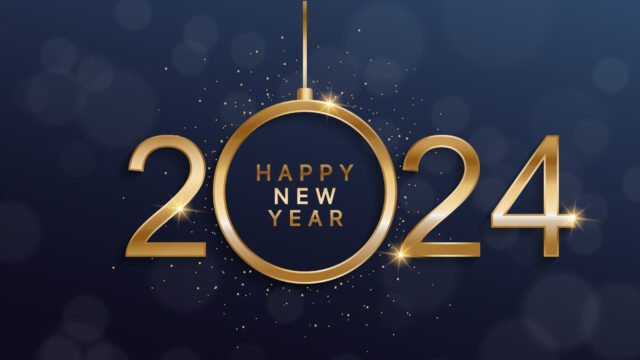 2024 Happy New Year written in gold over a blue background
