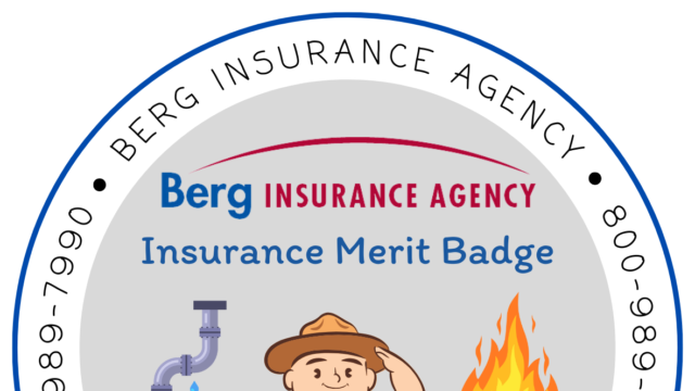 Berg Insurance Agency Insurance Merit Badge round image with a boy scout, a plumbing leak and a fire inside of a round badge