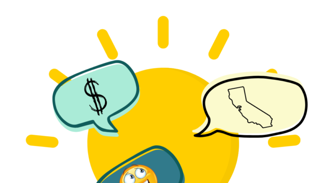 Graphic of light bulb with conversation bubbles featuring a dollar sign, a shocked face emoji and the state of California.